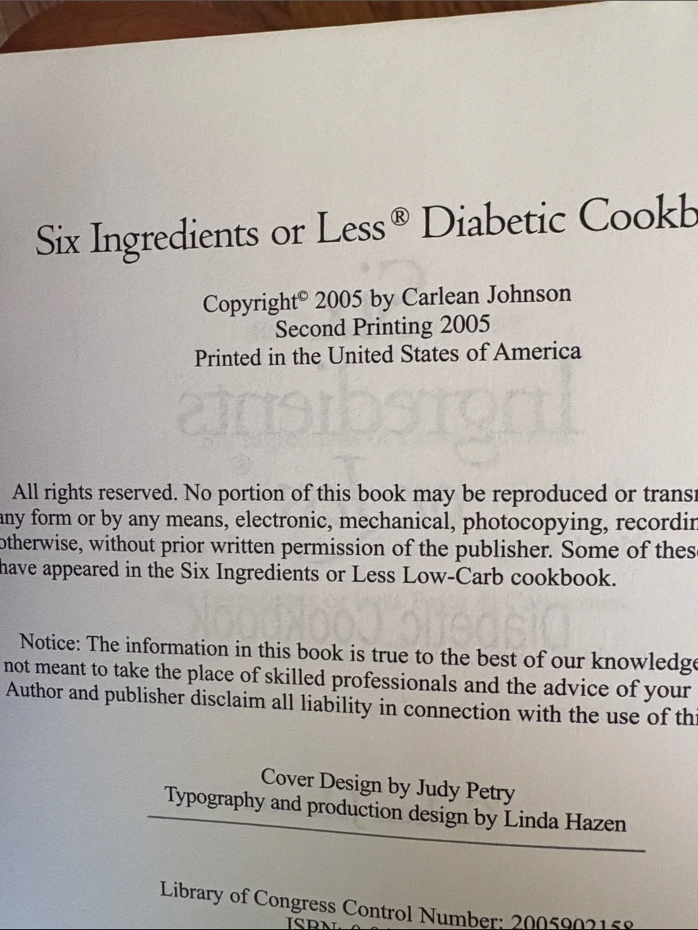 Carlean Johnson’s Six Ingredients or Less Diabetic Cookbook - Red/White